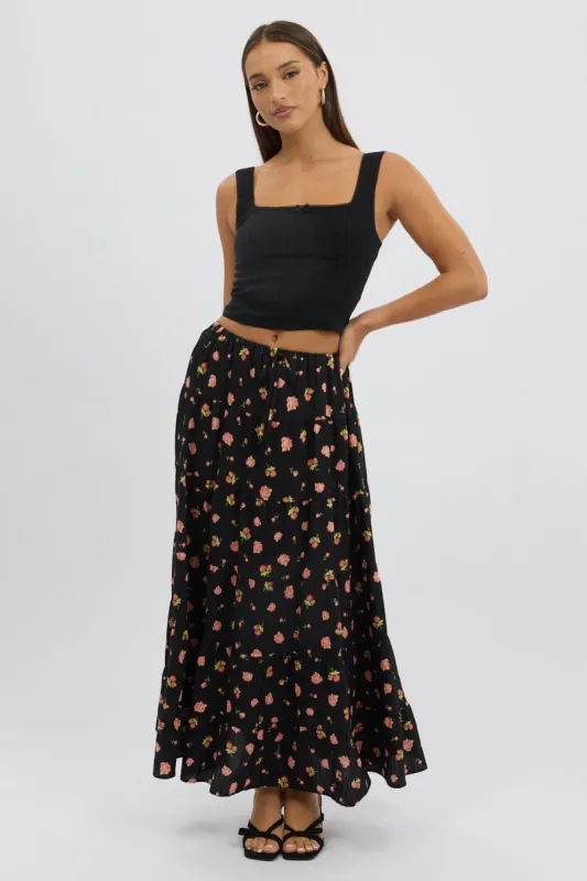 Black Ditsy Maxi Skirt Tiered High Rise sold by Ally Fashion