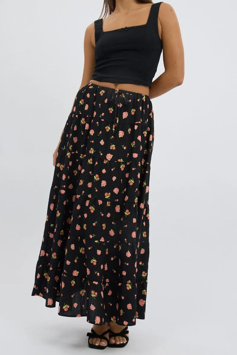 Black Ditsy Maxi Skirt Tiered High Rise sold by Ally Fashion product image thumbnail 2