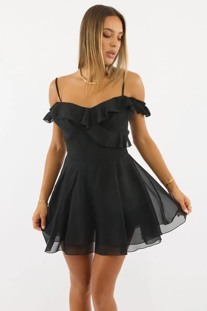 Black Mini Dress Ruffle Detail Chiffon sold by Ally Fashion