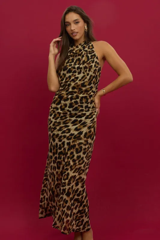 Brown Animal Print Maxi Dress Cowl Neck sold by Ally Fashion