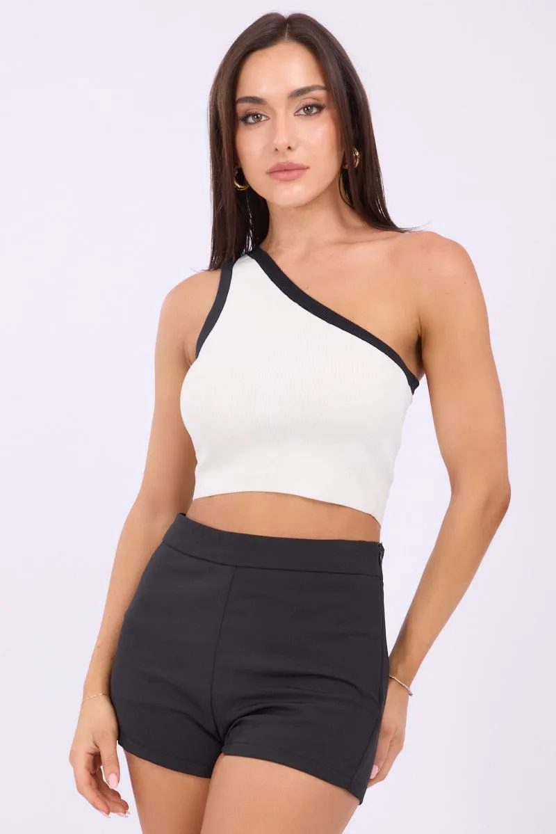 White One Shoulder Knit Crop Top Contrast sold by Ally Fashion