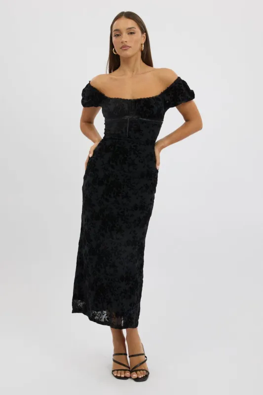 Black Maxi Dress Puff Sleeve Burn Out sold by Ally Fashion