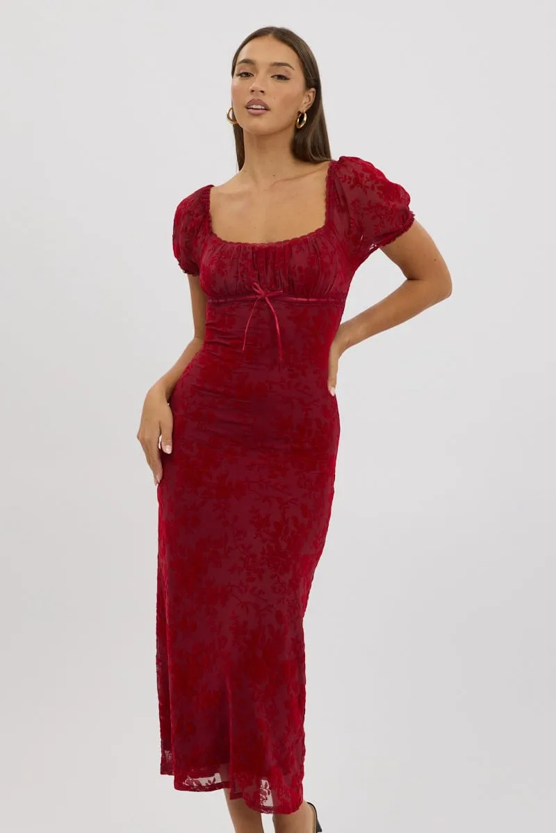 Red Maxi Dress Puff Sleeve Burn Out sold by Ally Fashion