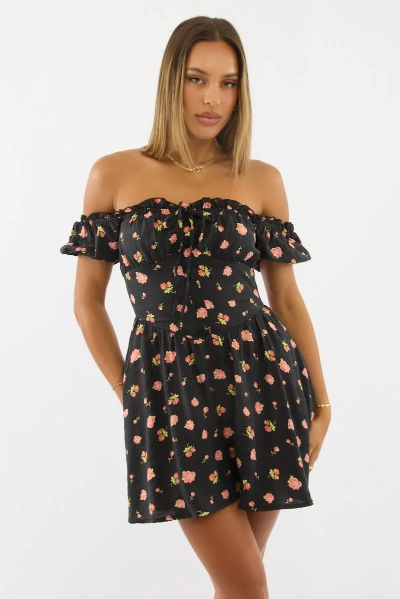 Black Ditsy Fit And Flare Dress Mini sold by Ally Fashion