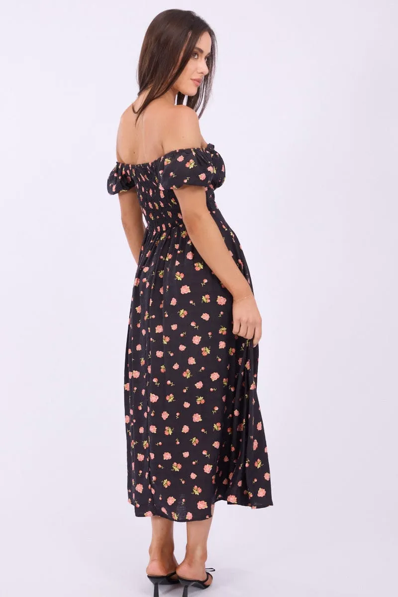 Black Ditsy Midi Dress Puff Sleeve sold by Ally Fashion product image thumbnail 5