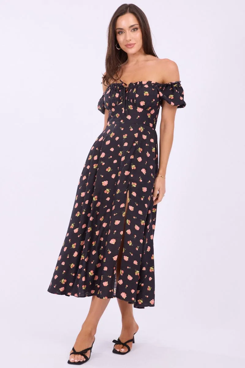 Black Ditsy Midi Dress Puff Sleeve sold by Ally Fashion product image thumbnail 2