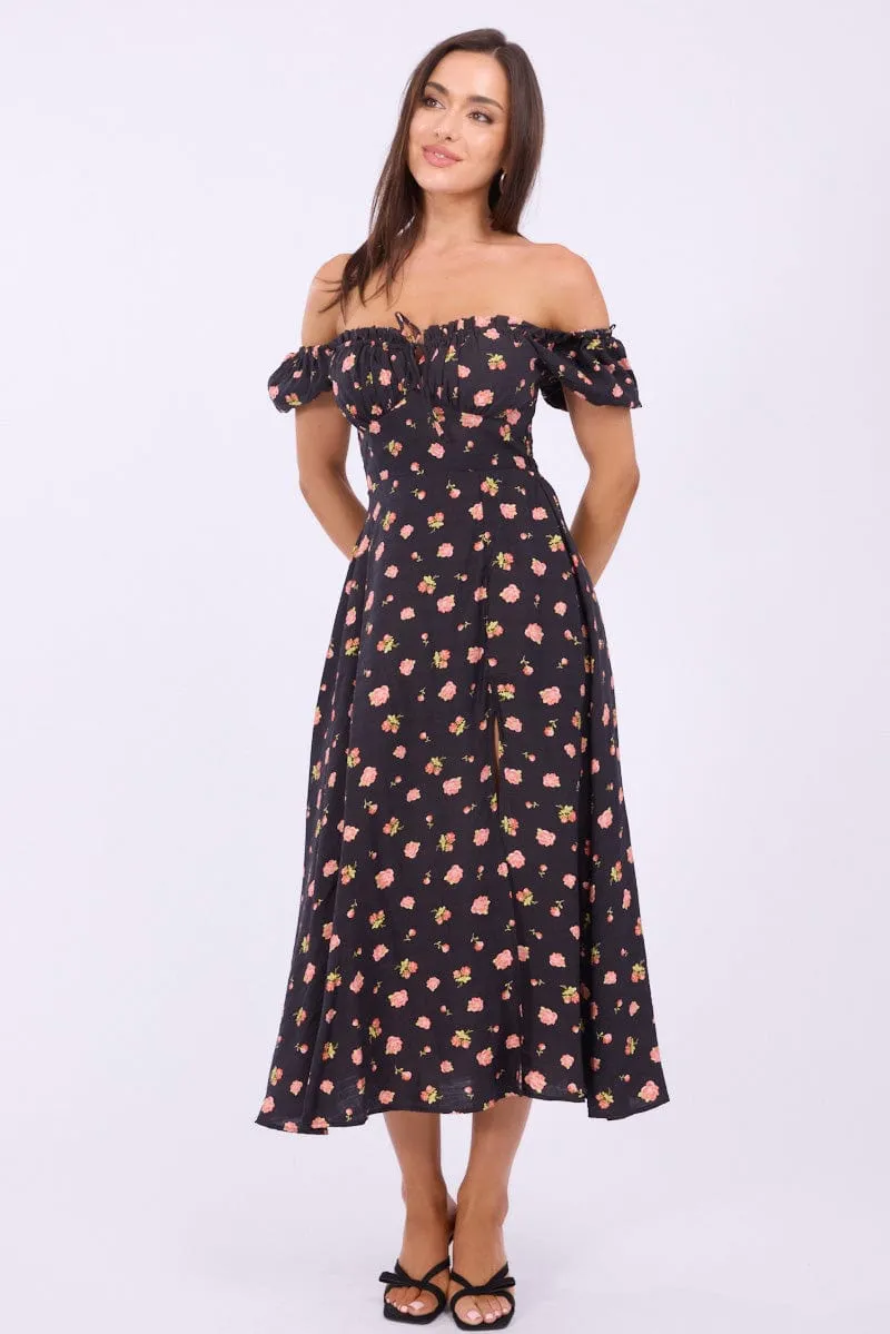 Black Ditsy Midi Dress Puff Sleeve sold by Ally Fashion product image thumbnail 3