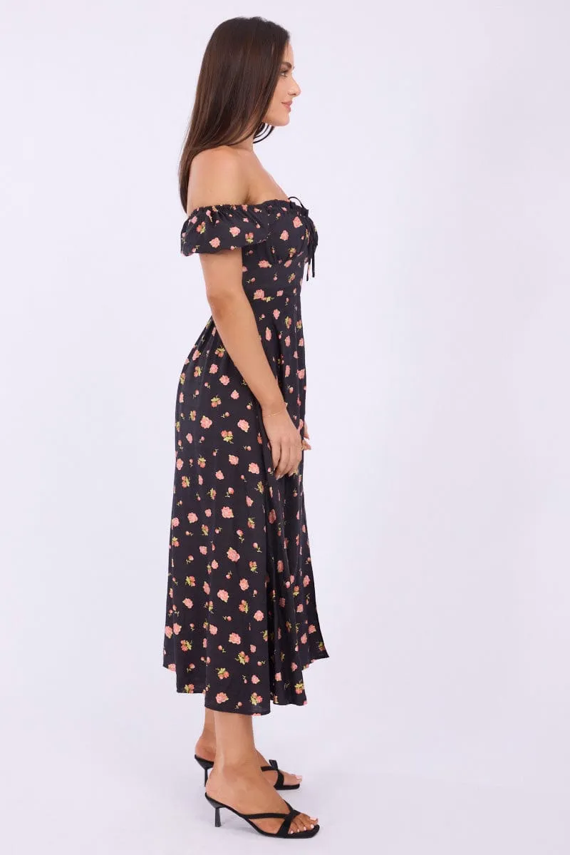 Black Ditsy Midi Dress Puff Sleeve sold by Ally Fashion product image thumbnail 4