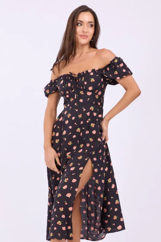 Black Ditsy Midi Dress Puff Sleeve sold by Ally Fashion