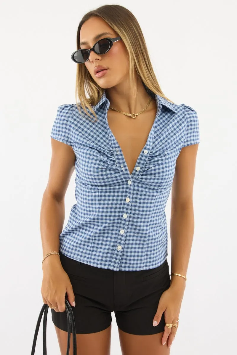 Blue Check Button Up Shirt Short Sleeve Collared Tie Back sold by Ally Fashion