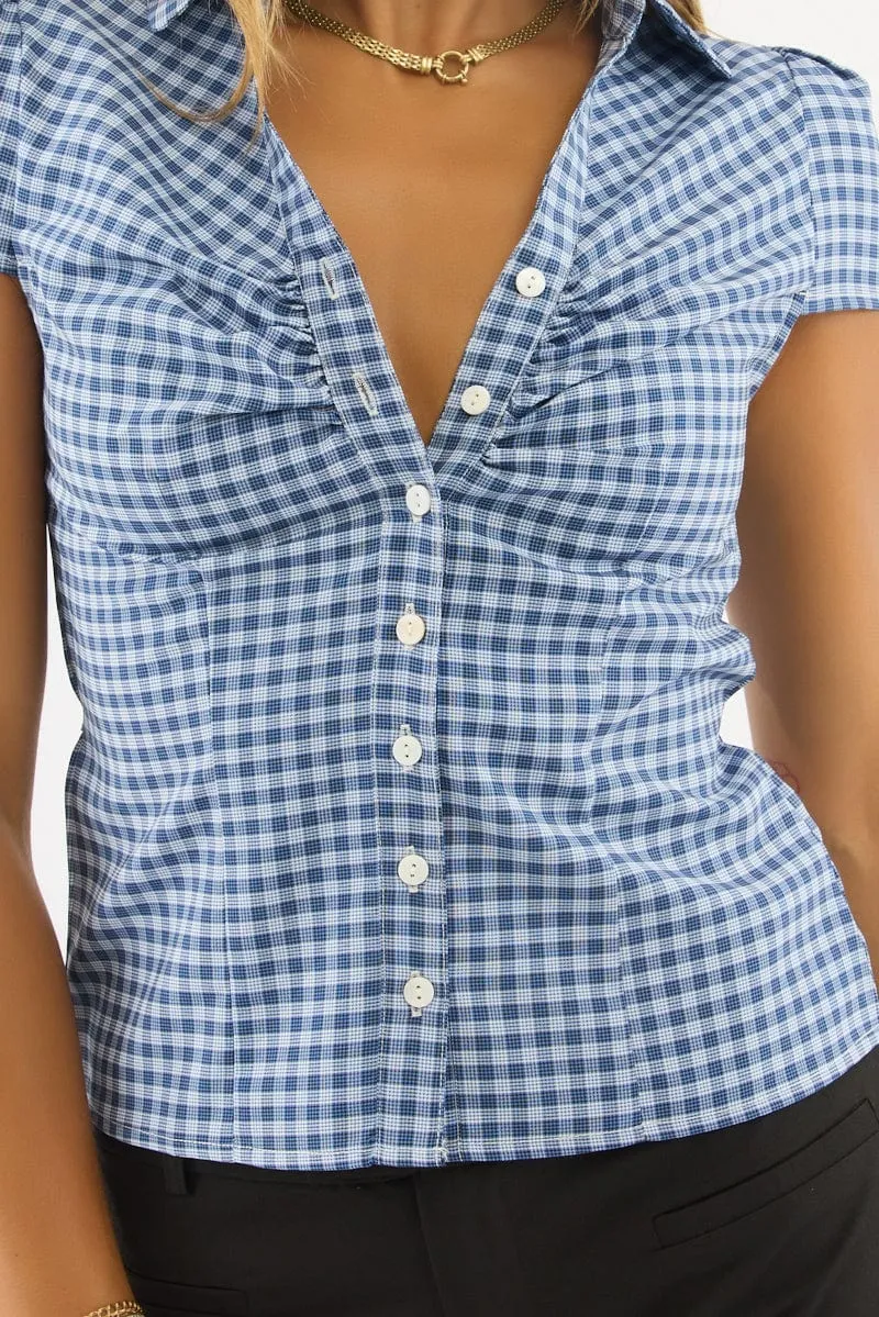 Blue Check Button Up Shirt Short Sleeve Collared Tie Back sold by Ally Fashion product image thumbnail 5