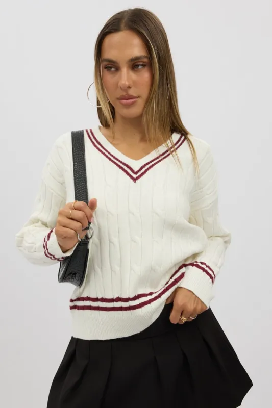 White Cable Knit Top Long Sleeve V-Neck sold by Ally Fashion