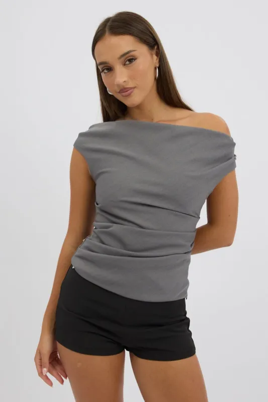 Grey Ruched Off Shoulder Top sold by Ally Fashion