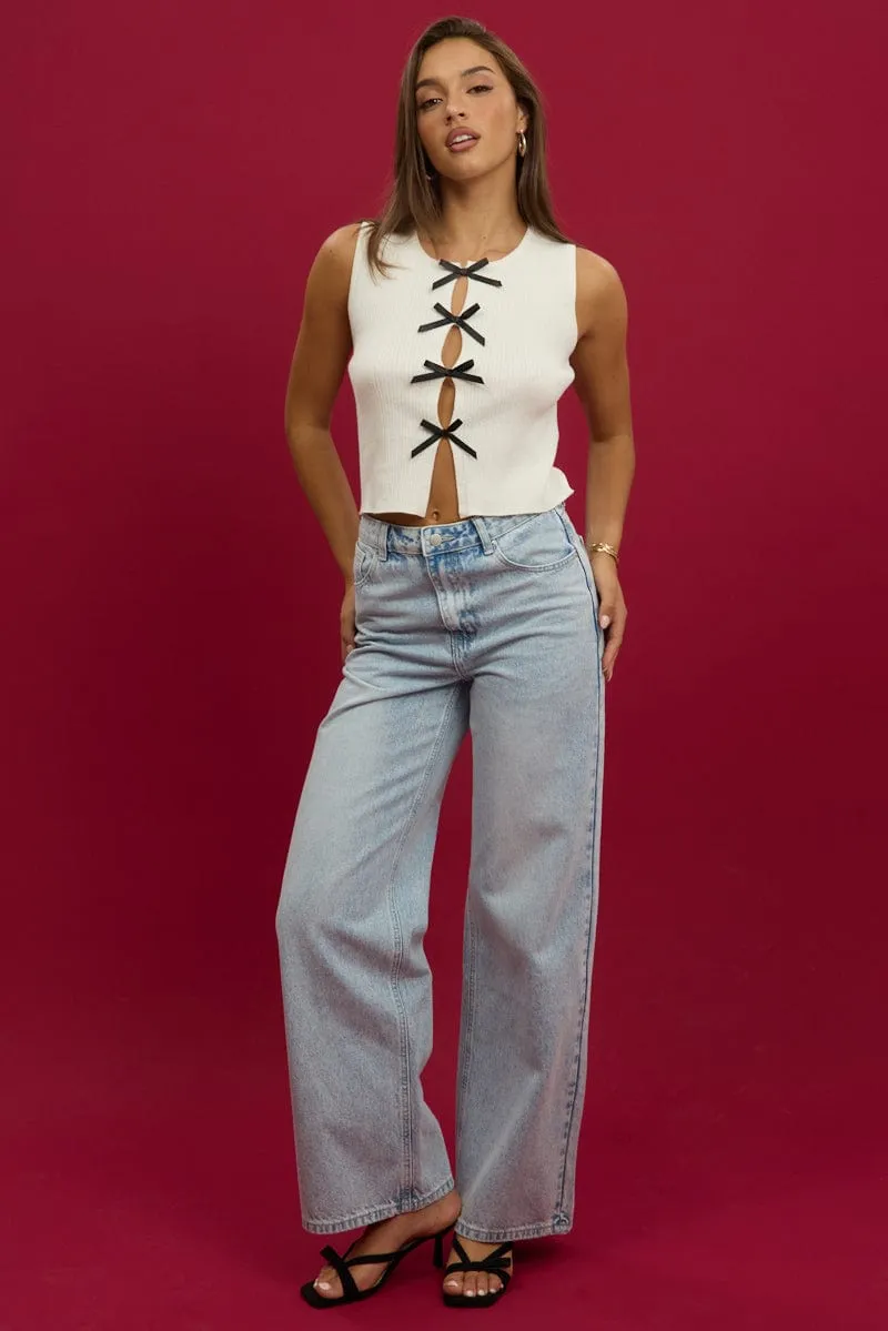 White Knit Top Sleeveless Front Ribbon sold by Ally Fashion product image thumbnail 2