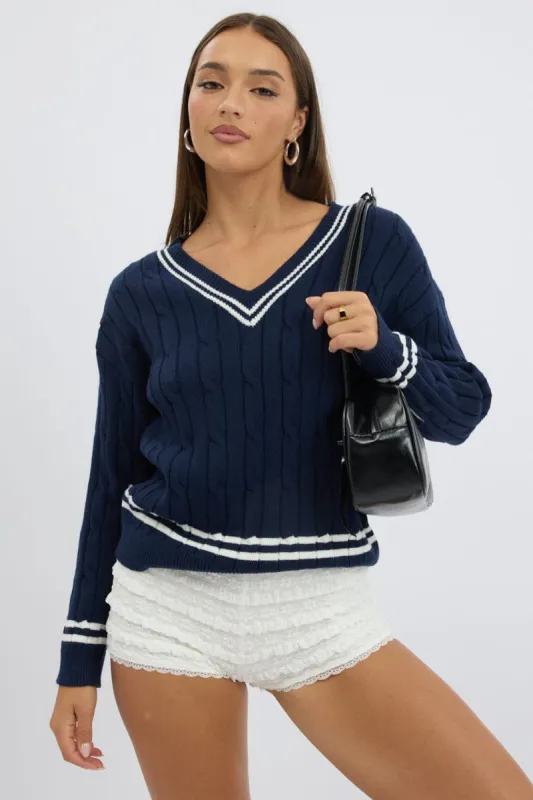 Blue Knit Top Long Sleeve V-neck sold by Ally Fashion