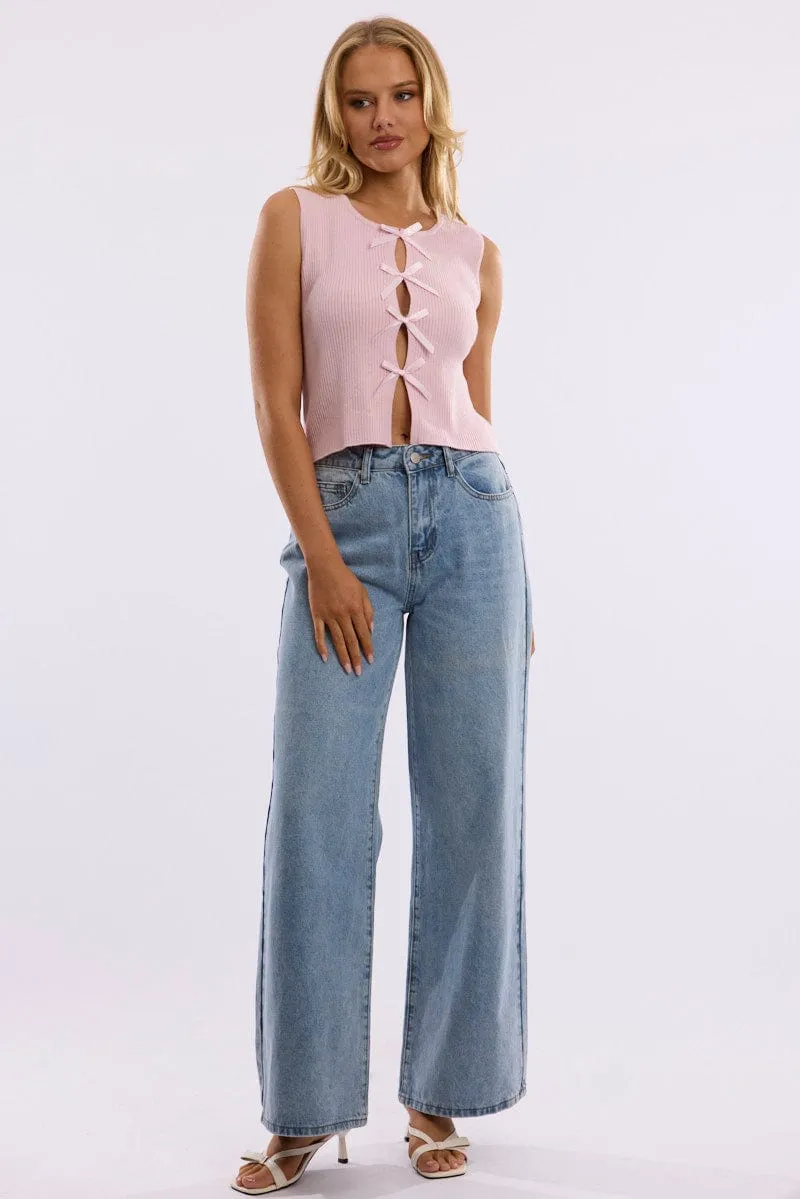 Pink Knit Top Sleeveless Front Ribbon sold by Ally Fashion product image thumbnail 3