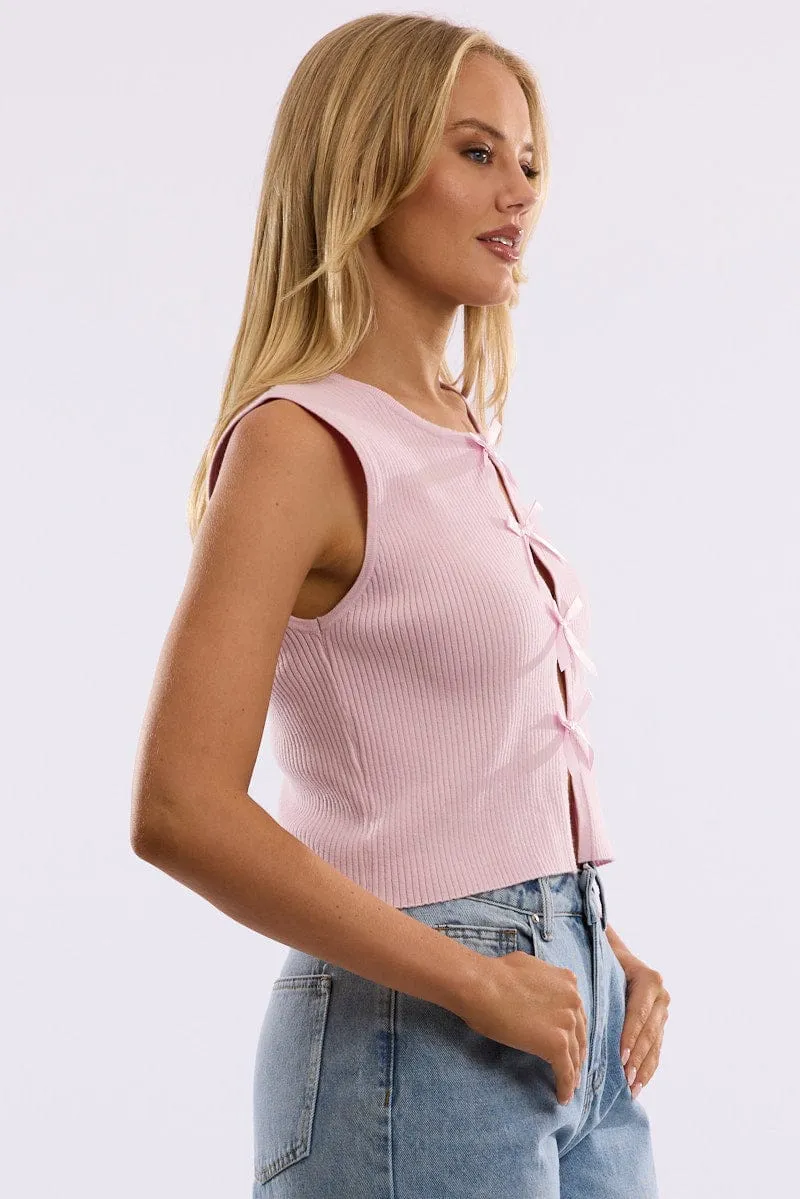 Pink Knit Top Sleeveless Front Ribbon sold by Ally Fashion product image thumbnail 4