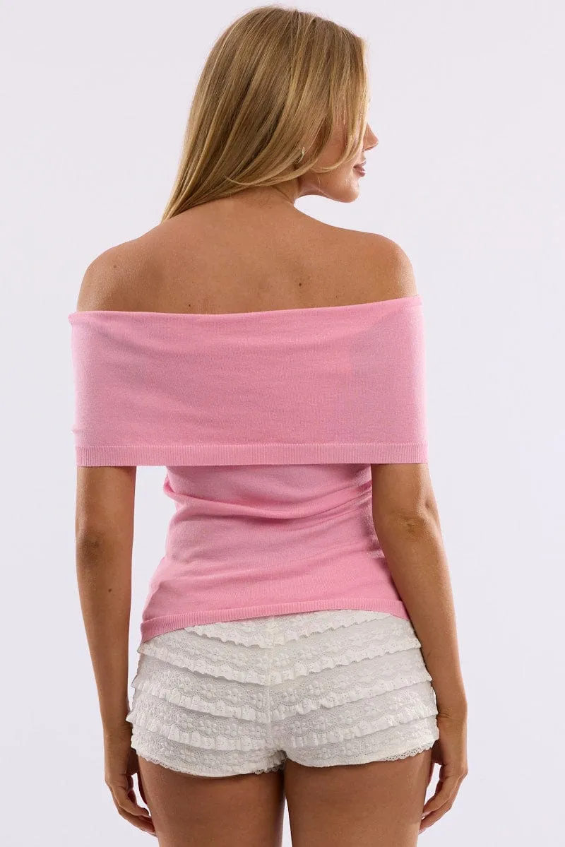 Pink Bardot Knit Top Short Sleeve sold by Ally Fashion product image thumbnail 4