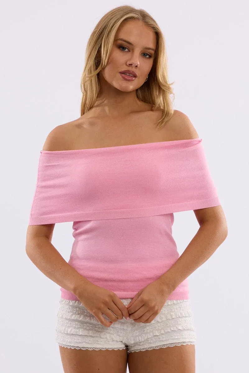Pink Bardot Knit Top Short Sleeve sold by Ally Fashion