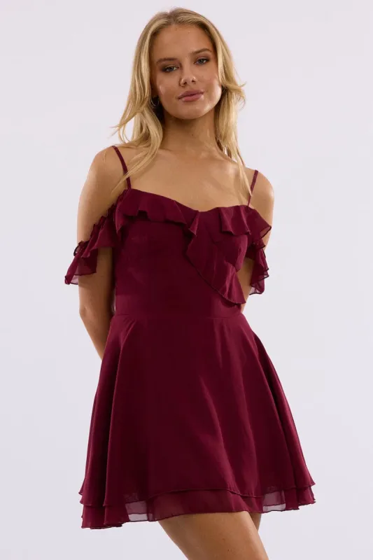 Red Mini Dress Ruffle Detail Chiffon sold by Ally Fashion