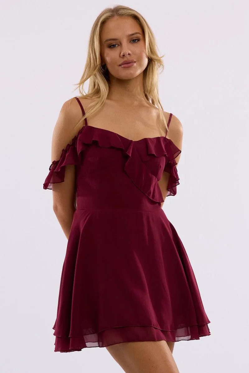 Red Mini Dress Ruffle Detail Chiffon sold by Ally Fashion