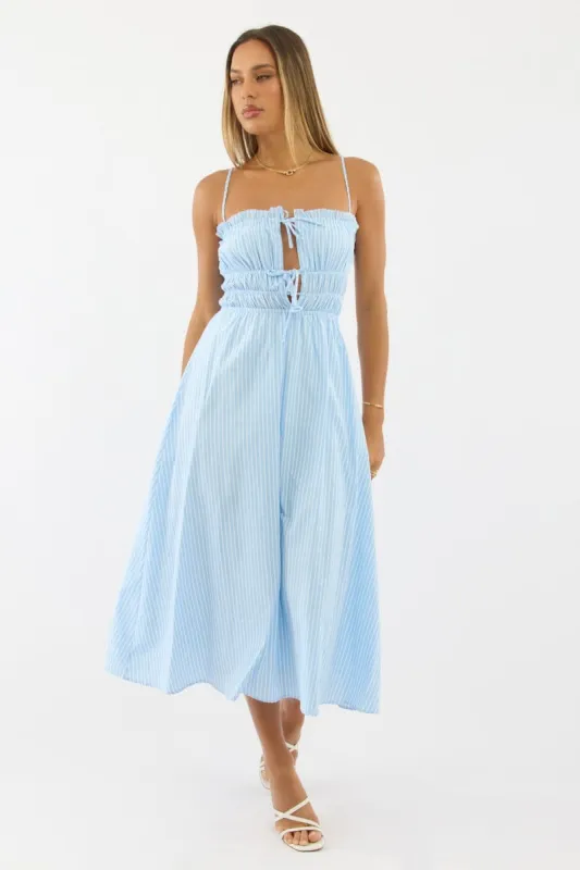 Blue Stripe Midi Dress Ribbon Detail Strappy sold by Ally Fashion