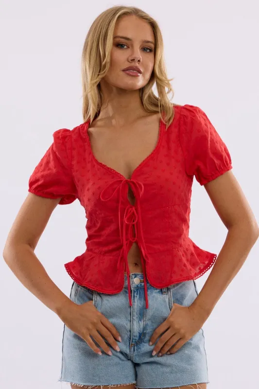 Red Tie Up Top Short Sleeve Eyelet sold by Ally Fashion