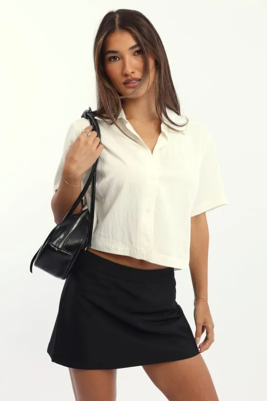 White Relaxed Shirt Short Sleeve Collared Cupro Blend sold by Ally Fashion