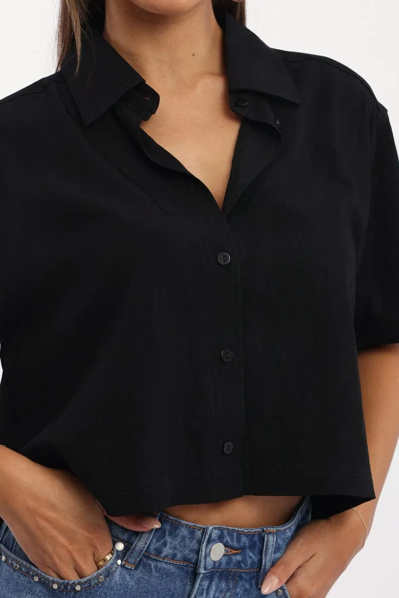 Black Relaxed Shirt Short Sleeve Collared Cupro Blend sold by Ally Fashion product image thumbnail 5