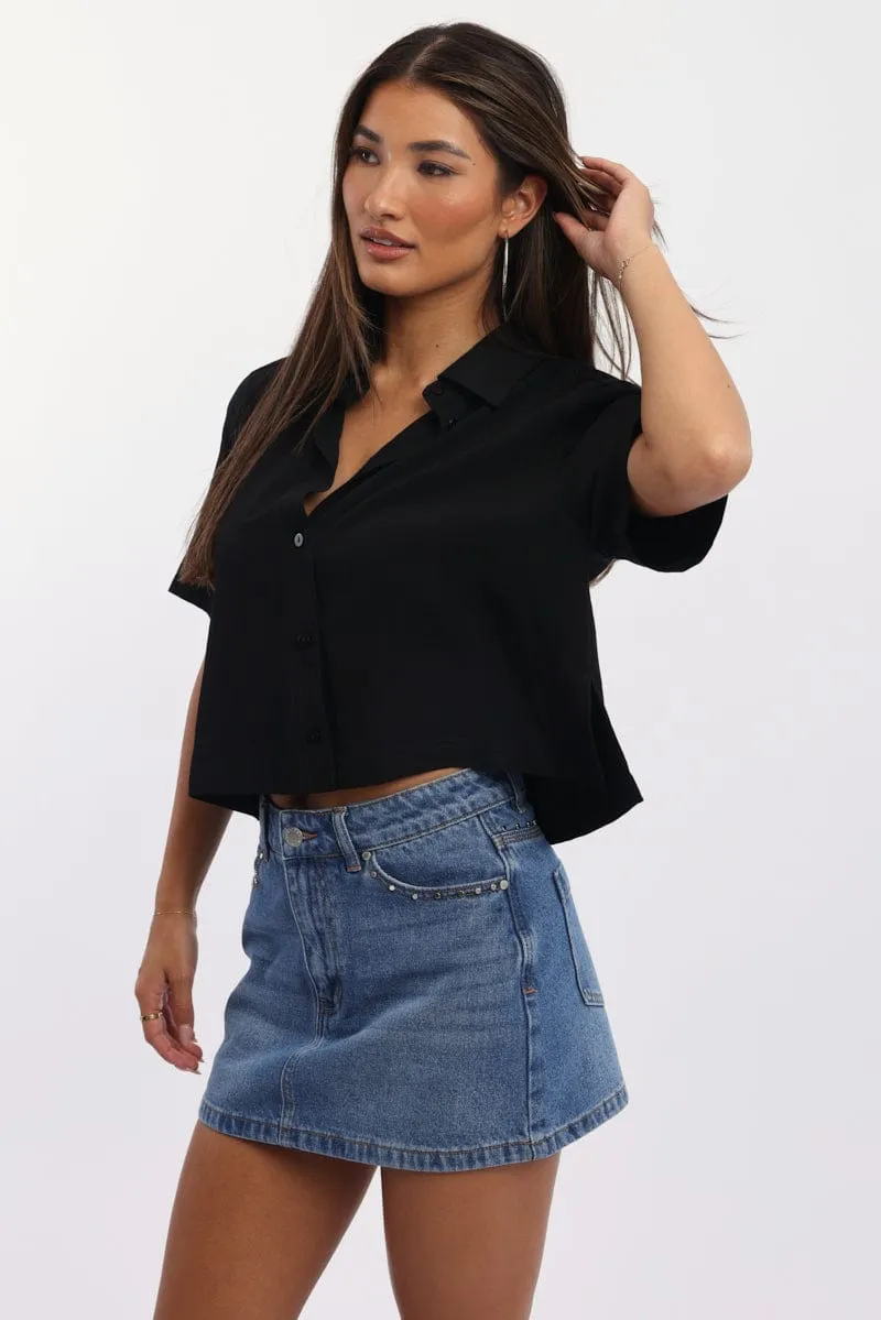 Black Relaxed Shirt Short Sleeve Collared Cupro Blend sold by Ally Fashion product image thumbnail 3