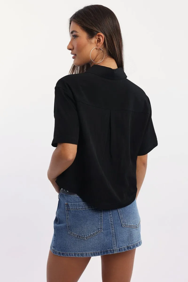 Black Relaxed Shirt Short Sleeve Collared Cupro Blend sold by Ally Fashion product image thumbnail 4