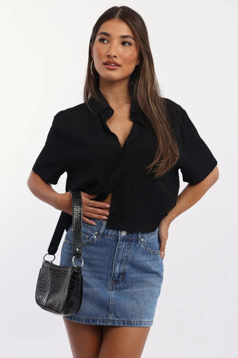 Black Relaxed Shirt Short Sleeve Collared Cupro Blend sold by Ally Fashion