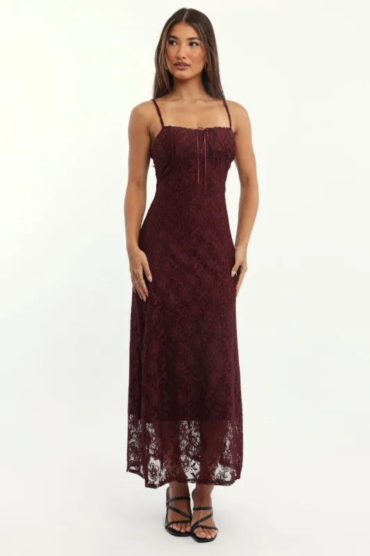 Red Maxi Dress Lace Satin Tape sold by Ally Fashion