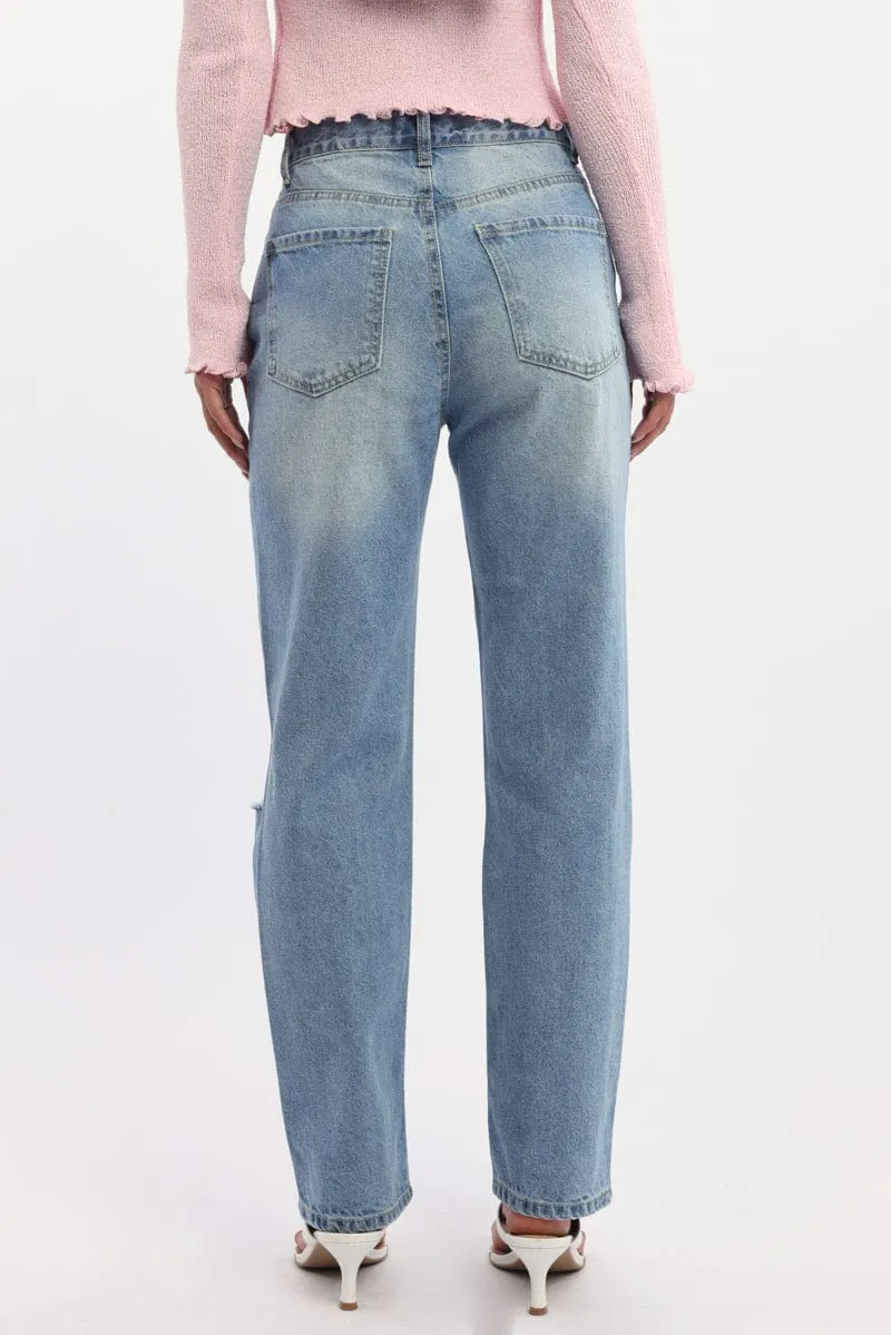 Denim Straight Jeans High Rise Knee Slit sold by Ally Fashion product image thumbnail 4