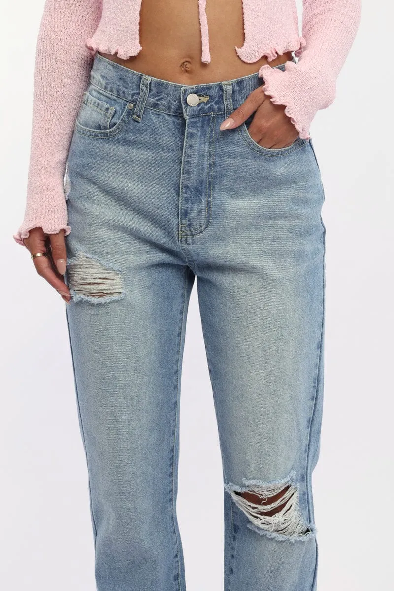 Denim Straight Jeans High Rise Knee Slit sold by Ally Fashion product image thumbnail 5