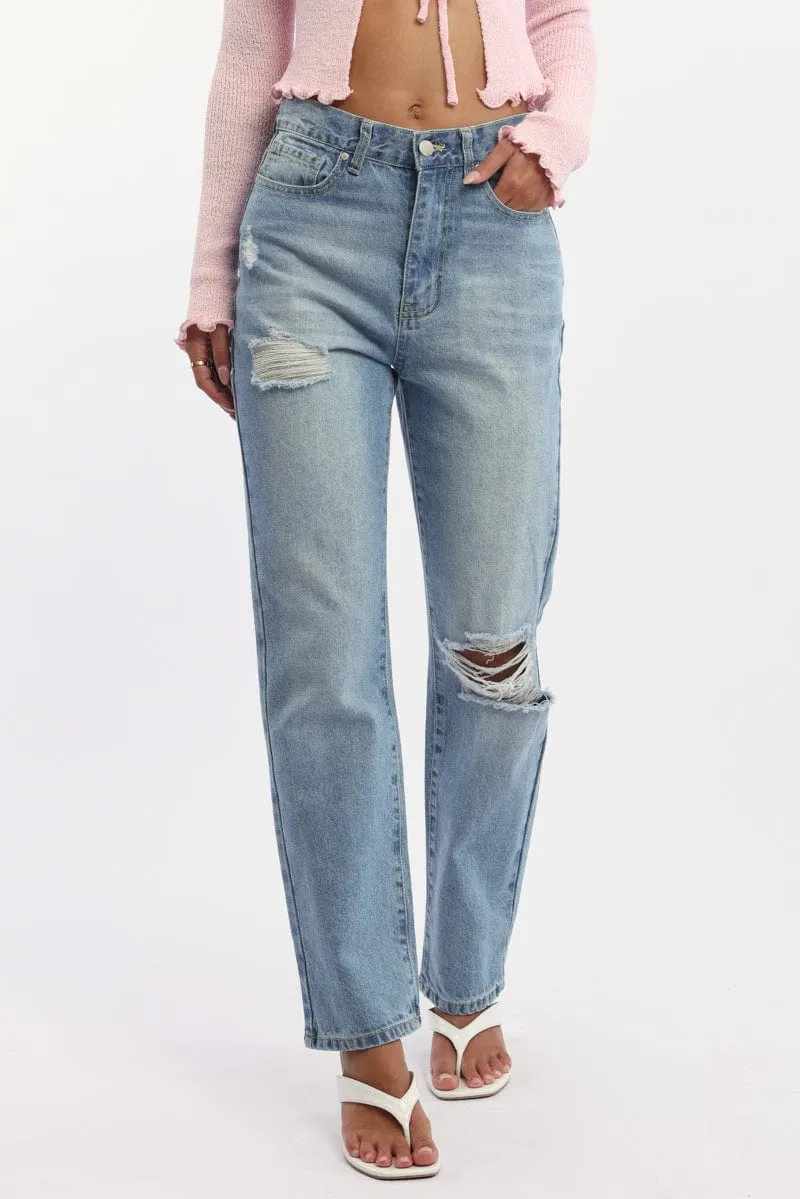 Denim Straight Jeans High Rise Knee Slit sold by Ally Fashion product image thumbnail 2