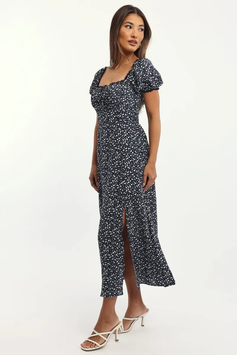 Blue Ditsy Midi Dress Short Sleeve Side Split sold by Ally Fashion product image thumbnail 3