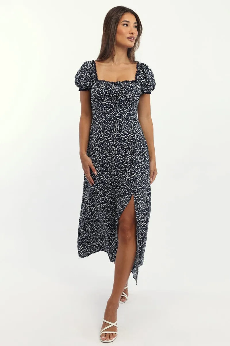 Blue Ditsy Midi Dress Short Sleeve Side Split sold by Ally Fashion