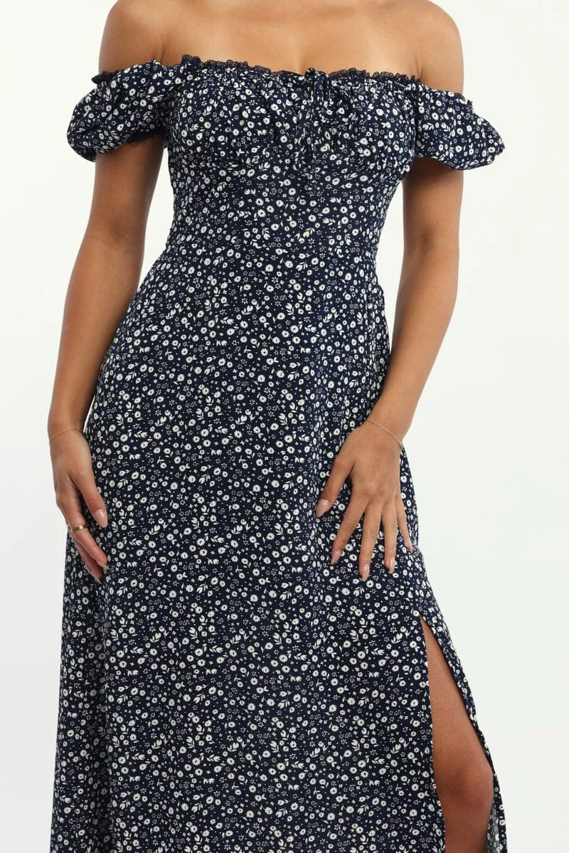 Blue Ditsy Midi Dress Short Sleeve Side Split sold by Ally Fashion product image thumbnail 5