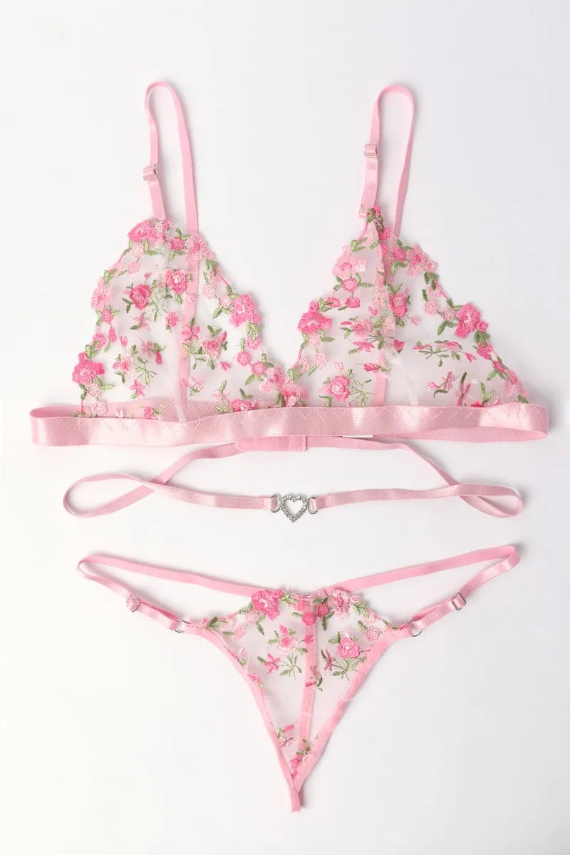Pink Floral Embroidery Lingerie Set sold by Ally Fashion