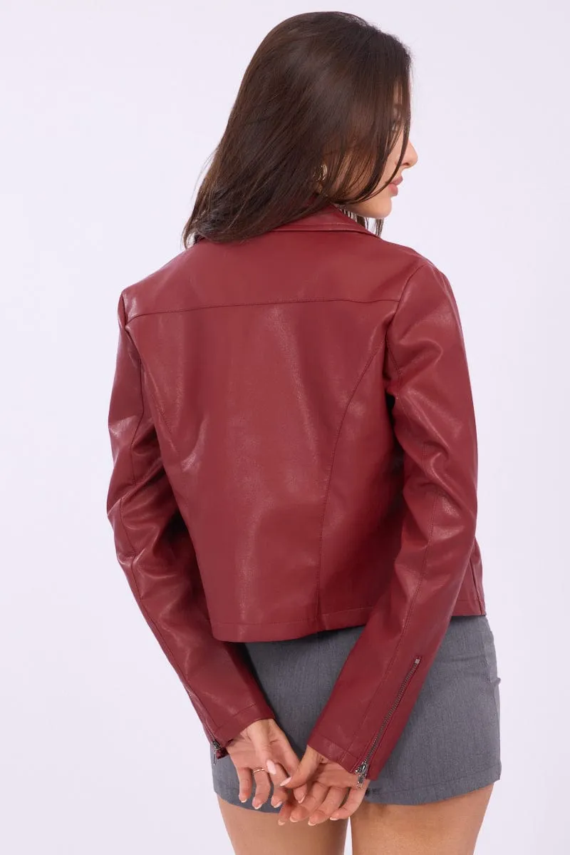Red Faux Leather Jacket Long Sleeve sold by Ally Fashion product image thumbnail 5
