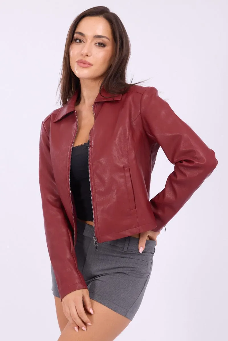 Red Faux Leather Jacket Long Sleeve sold by Ally Fashion product image thumbnail 3