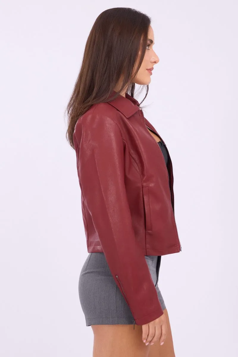 Red Faux Leather Jacket Long Sleeve sold by Ally Fashion product image thumbnail 4