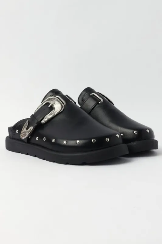 Black Buckled Detail Mule Clogs sold by Ally Fashion