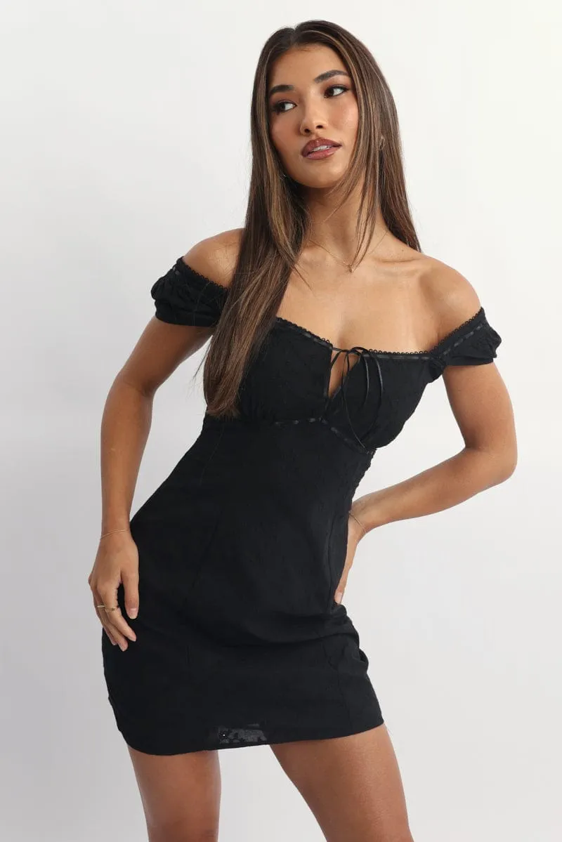 Black Mini Dress Ribbon Detail Eyelet Fabric sold by Ally Fashion