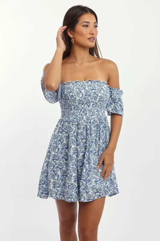 Blue Paisley Mini Dress Off Shoulder sold by Ally Fashion