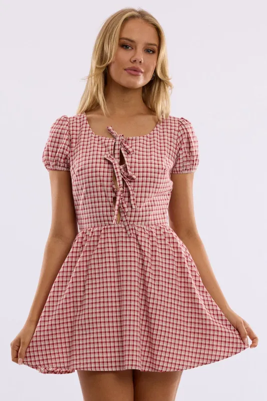 Red Check Mini Dress Ribbon Detail sold by Ally Fashion