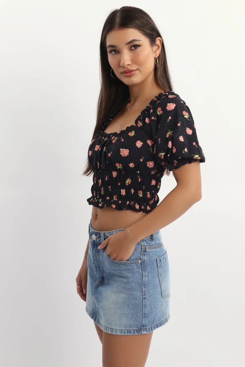 Black Ditsy Shirred Top Short Sleeve Square Neck Frill Details sold by Ally Fashion product image thumbnail 3