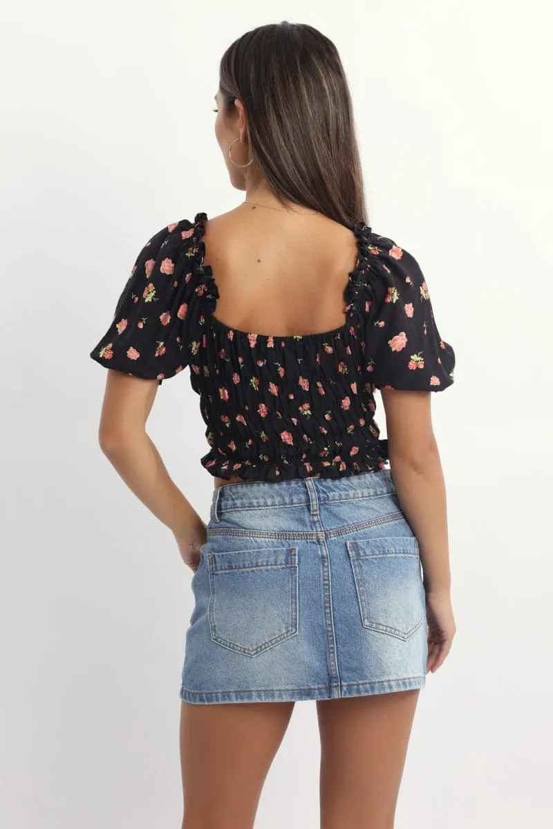 Black Ditsy Shirred Top Short Sleeve Square Neck Frill Details sold by Ally Fashion product image thumbnail 4