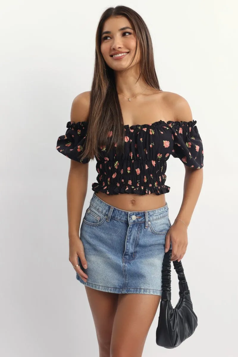 Black Ditsy Shirred Top Short Sleeve Square Neck Frill Details sold by Ally Fashion